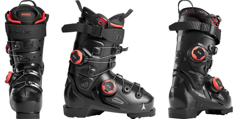 Three views of the black-and-red Atomic Hawx Ultra 130 S Dual BOA ski boot.