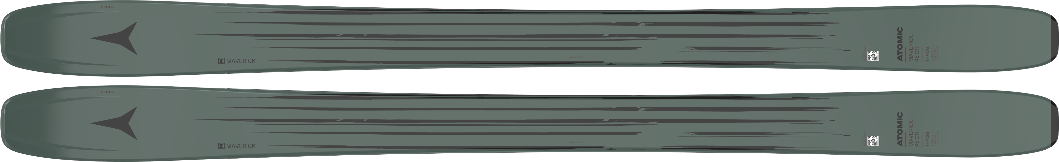A pair of grey-green Atomic Maverick 96 CTI skis shown horizontally from above, without bindings.
