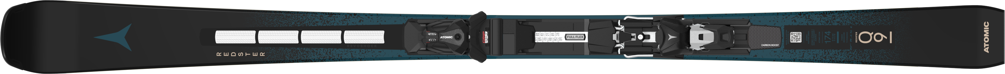 Black and dark-blue Atomic Redster Q9 piste ski with an I 12 GW binding, shown horizontally from above.